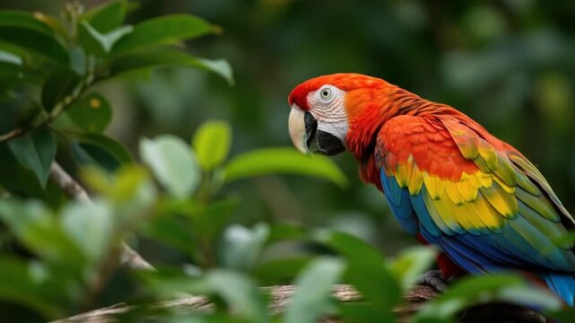 Colorful parrot perched among green foliage in natural environment