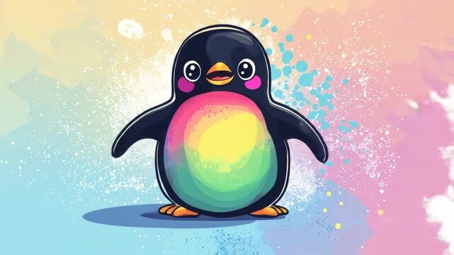 Colorful penguin illustration on pastel background with gentle lighting
