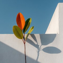 Colorful leaves on a white wall, sunny day