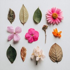 Pressed flowers and leaves arranged in a grid pattern on a white background