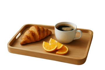 Wooden tray with croissant, fresh orange slices, and a cup of black coffee, isolated on white background, clean food layout concept. Ai generative