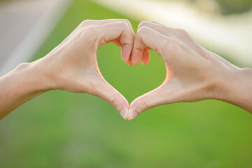 Close up of female hands making heart shape symbol with blurred natural green grass background.