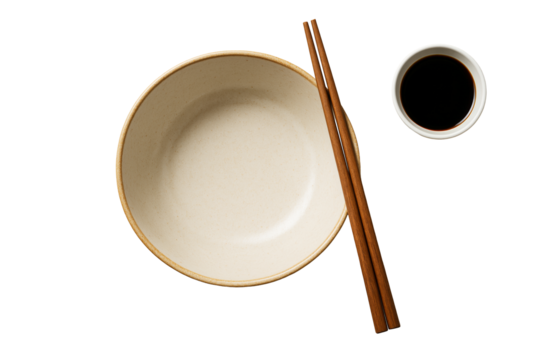 Empty beige bowl with chopsticks and a soy sauce cup neatly arranged, isolated on white background, clean food element for layout or design. Ai generative