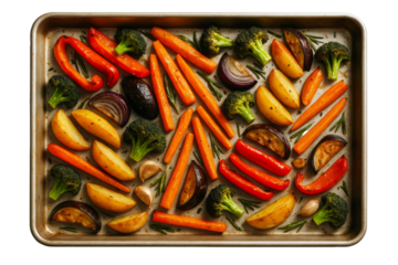 Assorted roasted vegetables on metal baking tray, realistic style, isolated on white background. Concept of healthy cooking. Ai generative