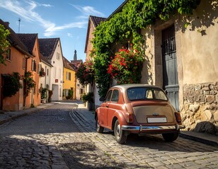 Cobblestone street scene with a vintage car, colorful buildings, and vibrant greenery on a sunny day