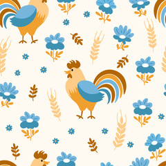Rooster and flowers seamless background