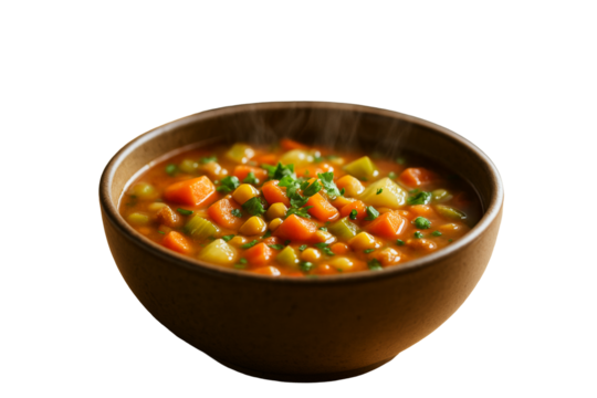 Hot vegetable soup with herbs and assorted diced vegetables in a brown bowl, isolated style on clean white background, concept of healthy food, Ai generative