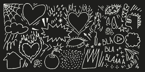 Doodle punk illustration set. Crayon pencil draw in  sketchy style. Blackboard chalk art. Hearts, eyes, clouds, speech bursts, and grunge symbols. Vector collage, comic, urban street design.