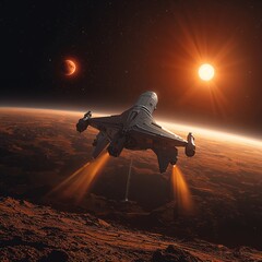 Futuristic Spaceship Flying Over Red Alien Planet with Glowing Sun – 8K Sci-Fi Space Scene