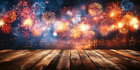 Fireworks light up the night sky over a city waterfront during a festive celebration
