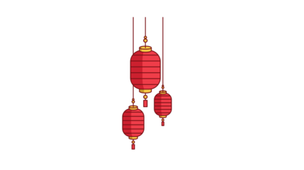 Red chinese lanterns hanging from strings on white background