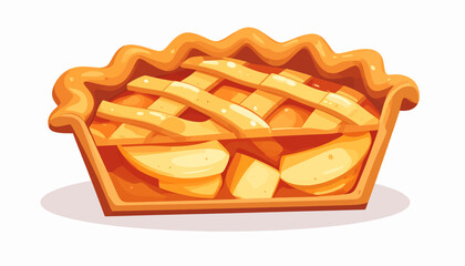 Fototapeta premium A vibrant cartoon illustration of a freshly baked golden-brown apple pie, featuring a classic lattice crust over sweet apple slices in a fluted baking dish.
