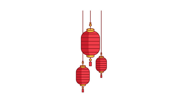 Red chinese lanterns hanging from strings on white background