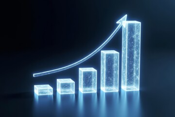 Dynamic Sales Growth Visualized: Futuristic 3D Holographic Bar Graph in a Sleek Setting