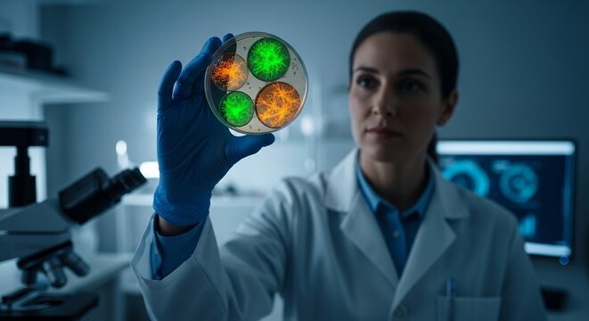 Female researcher examines petri dish with glowing cell cultures in laboratory setting. Concept for microbiology research, pharmaceutical development, and advanced medical diagnostics