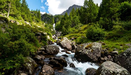 Mountain stream cascading through lush greenery