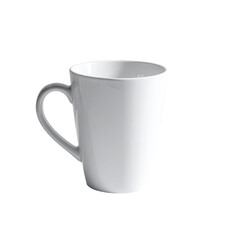 A clean, white ceramic mug with a simple handle, set against a stark black background