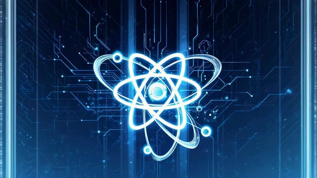 A vibrant illustration of an atom schematic, glowing with white light, set against a circuit board design