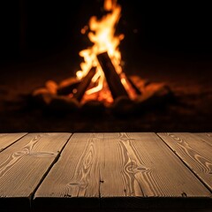Cozy Campfire on Wooden Tabletop.