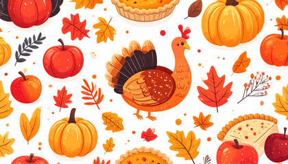 A festive Thanksgiving seamless pattern featuring a cartoon turkey, pumpkins, pies, apples, and autumn leaves.