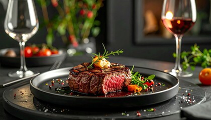 A medium-rare steak on a black plate, adorned with greens and served with wine in a sophisticated setting