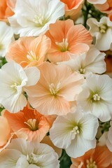 Fototapeta premium Delicate peach and white bell shaped flowers with green centers close up showing soft petals and natural beauty in soft daylight