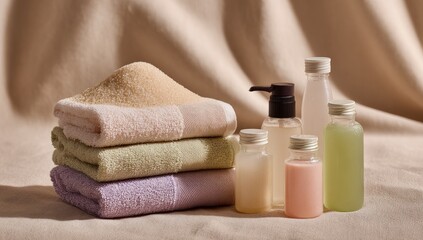 Stacked towels and spa products on beige backdrop