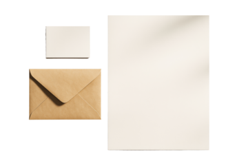Stationery set with blank sheet, kraft envelope, and business card isolated on white background, clean layout for branding template. Ai generative