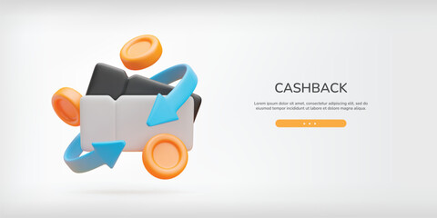 3d cashback coupon landing page. Realistic gift voucher, gold coin and blue arrows around. Money refund, discount banner. Vector concept of cash service on light gray background
