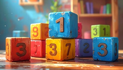 A stack of colorful wooden blocks, each displaying a unique number, sits on a sunlit wooden surface