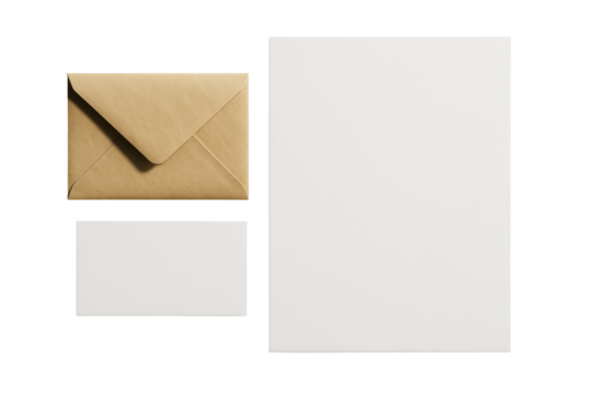 Blank paper sheet, white envelope, and brown kraft envelope isolated on white background, clean stationery concept layout. Ai generative