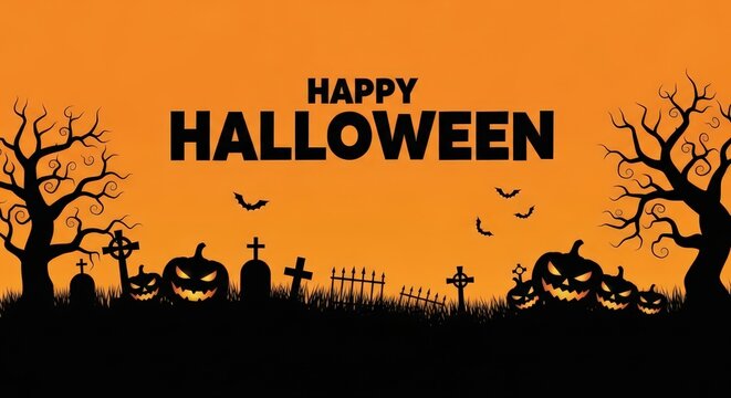 Happy halloween banner featuring silhouetted spooky elements like pumpkins, crosses, trees, and bats against a vibrant orange background