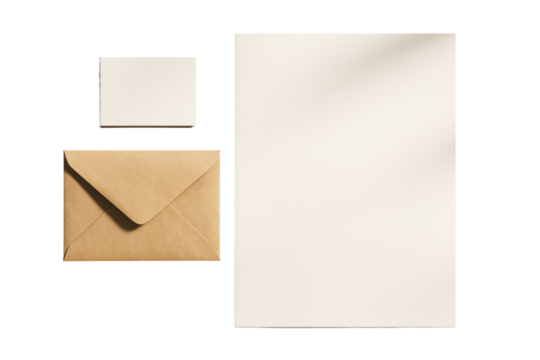 Stationery set with blank sheet, kraft envelope, and business card isolated on white background, clean layout for branding template. Ai generative