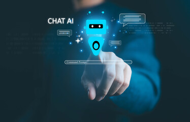 Futuristic AI chatbot interface with human finger touch concept, illustrating artificial intelligence communication, virtual assistant technology, and digital innovation for smart customer support.