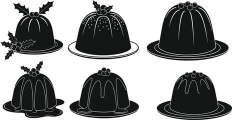 Christmas pudding, silhouette vector, holiday dessert, black and white, festive food, winter treat, holly topping, icing design, seasonal clipart, isolated graphic