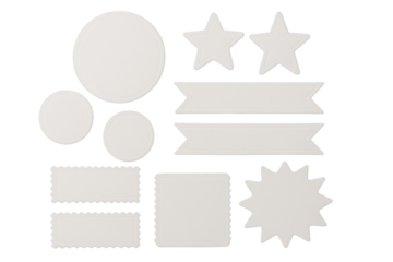 Paper label cutouts in star, circle, ribbon, and badge shapes, isolated style on clean white background. Concept of creative design layout. Ai generative