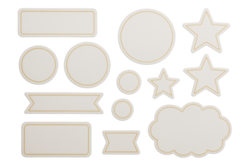 Blank sticker shapes in various forms including stars, circles, and banners in a clean graphic style on white background for creative layout design. Ai generative