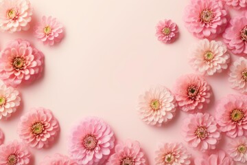 Pink flowers arranged on a pink background, creating a delicate and beautiful frame with copy space