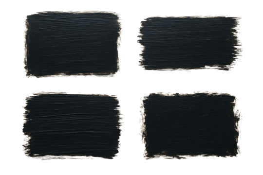 Four black square brush stroke paint elements isolated on clean white background, in closeup style, for design template or collage concept. Ai generative