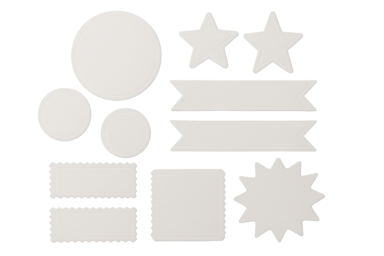 Paper label cutouts in star, circle, ribbon, and badge shapes, isolated style on clean white background. Concept of creative design layout. Ai generative