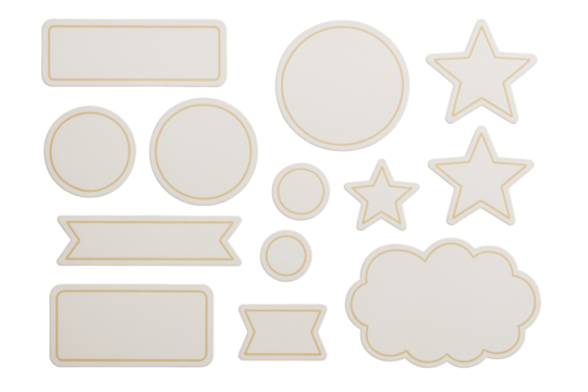 Blank sticker shapes in various forms including stars, circles, and banners in a clean graphic style on white background for creative layout design. Ai generative