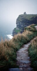 Coastal path leading to a weathered clifftop, misty landscape