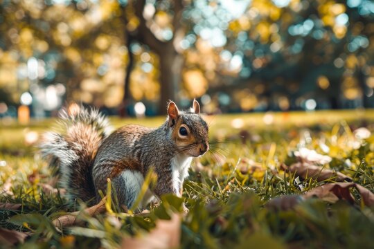 Eastern gray squirrel foraging on grass field covered with dry leaves in a park during fall season