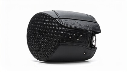 Render a black leather golf club headcover with stitched detailing and looped top, placed centrally against a lush golf course with fairways, trees, and flagstick to emphasize sport elegance and premi