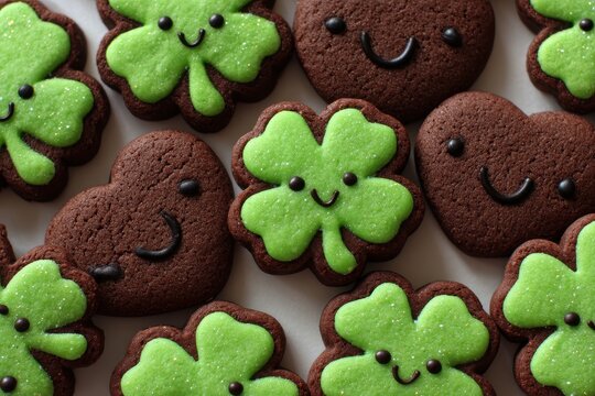 St Patricks Day Cookies. Baked Clover Biscuit with Chocolate on Green Background