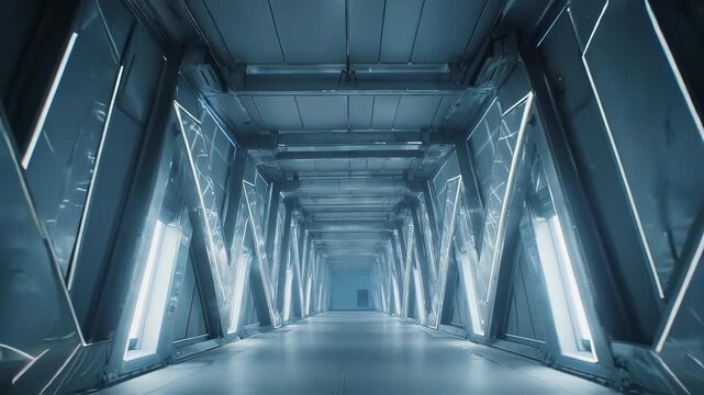 A futuristic corridor with repeating angular illuminated structures and receding perspective