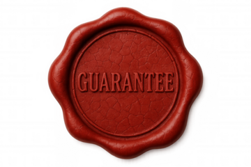 Red wax seal stamp with guarantee concept, certifying quality, security, and official warranty on transparent background