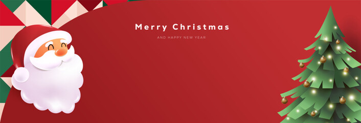 Cute Christmas greeting card or sale banner with cute Santa Claus and Christmas tree on red background with copy space for seasonal promotion and holiday celebration