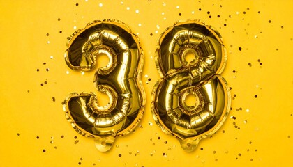 Gold balloon number 38 with confetti on solid colored background. Photo for anniversary or birthday party