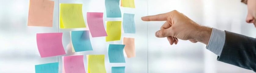 Obraz premium Business professional organizing colorful sticky notes on glass wall for project planning and brainstorming sessions